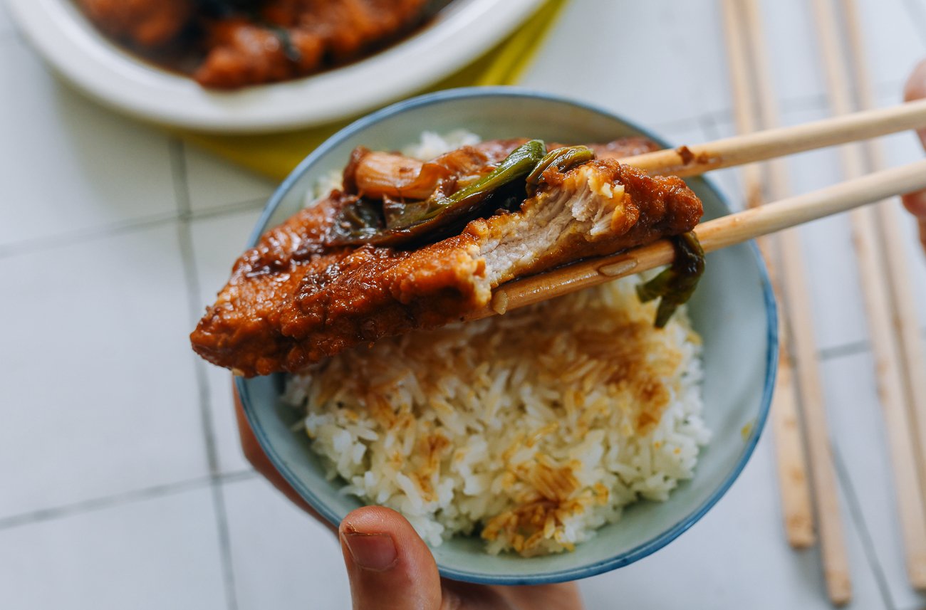 juicy braised pork chop over rice